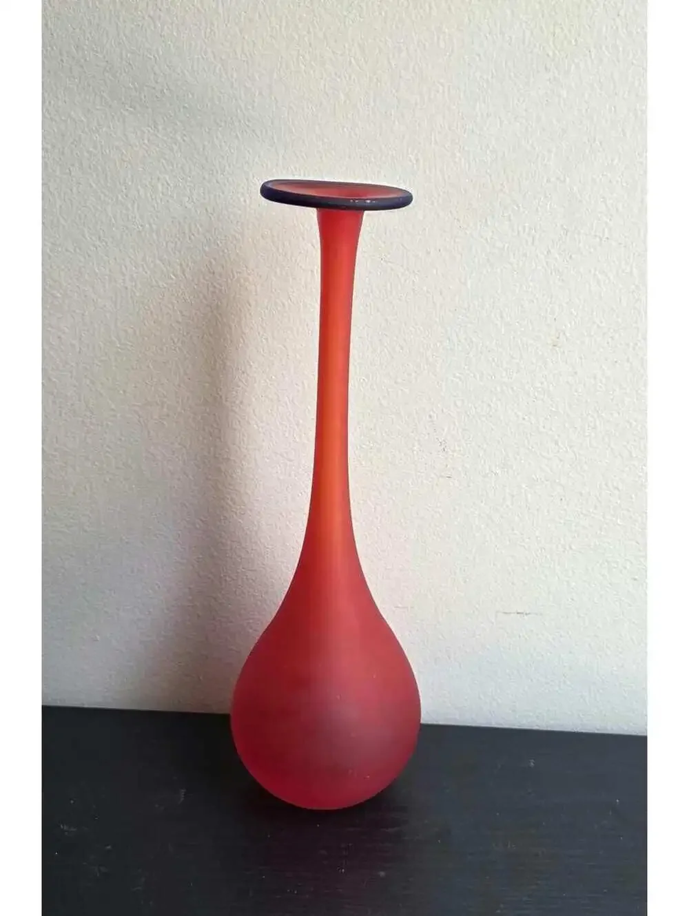 Vintage Murano Style Satin Red Art Glass Bud Vase Blue Rim Carlo Moretti Style